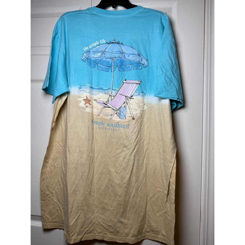 Simply Southern Beach Chair Umbrella Dip Dye T-Shirt Blue Tan XL